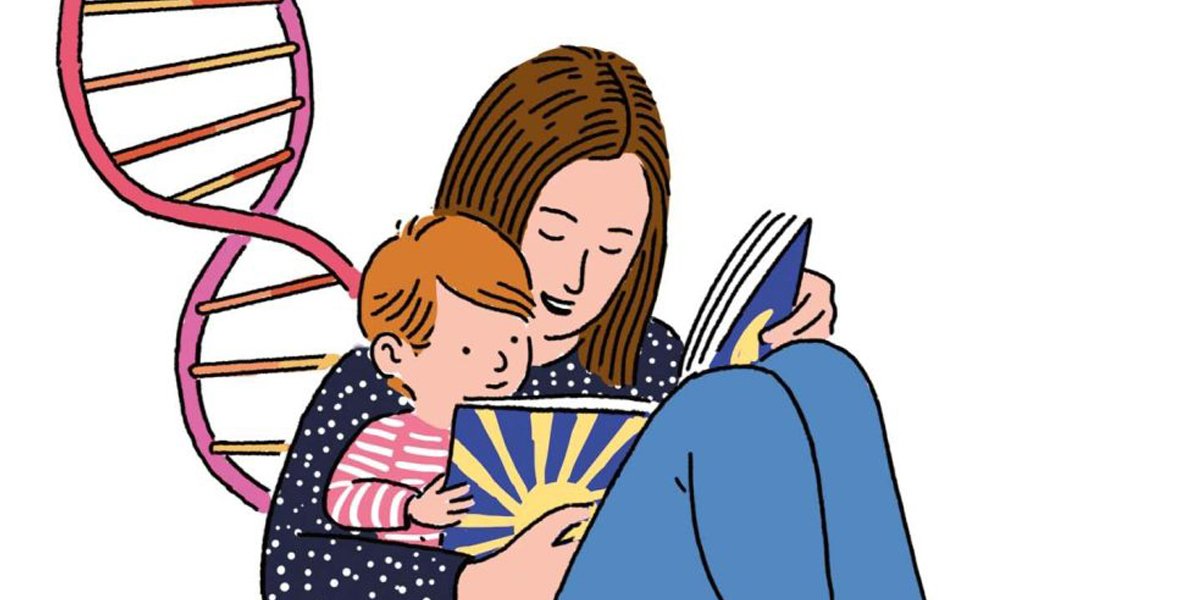 Mum reading to child sitting on DNA double helix