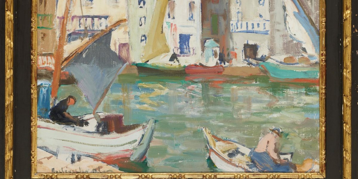 Painting called The Harbour, St Tropez, by John Maclauchlan Milne.