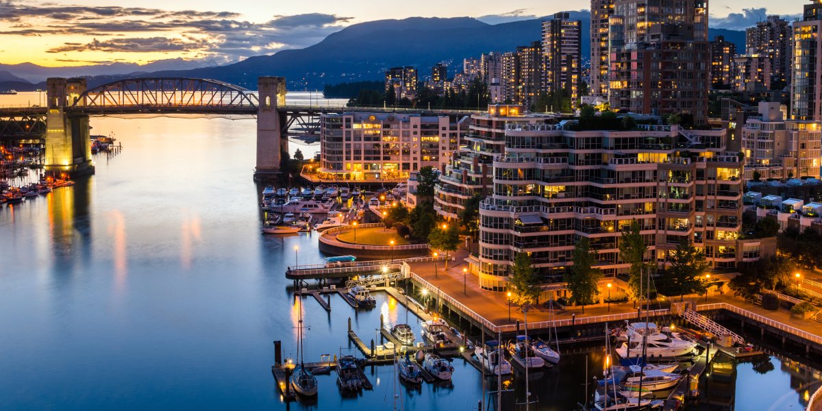 Vancouver at night skyline and river